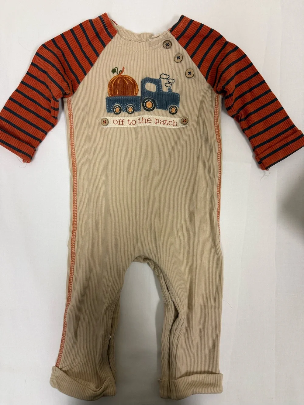 Mud Pie Beige and Orange Striped Pumpkin Applique One-Piece